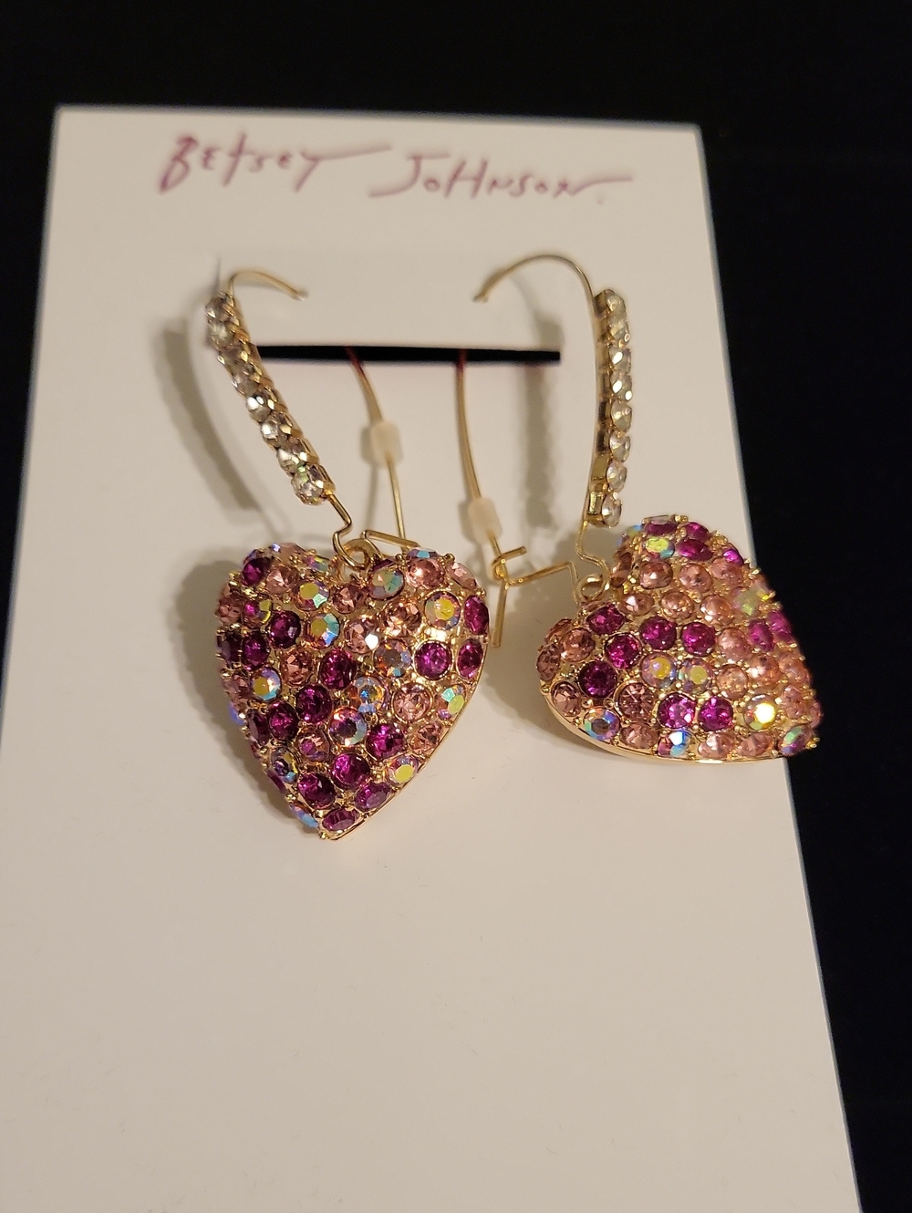 Betsey Johnson Gold-Tone Pink & Aurora Rhinestone Puffy Heart Dangle Earrings Te